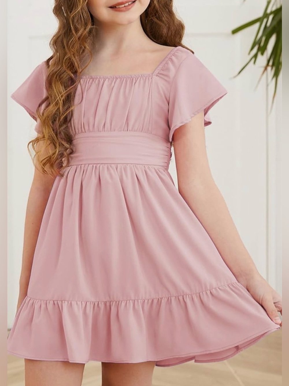 Girls' Pink Flutter Ruffle Sleeve Tie Back Bow Party Pastel Dress sz 6-7